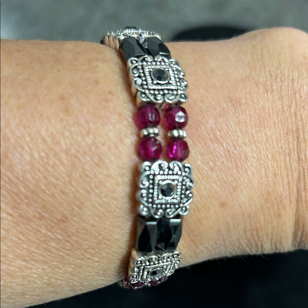 Elegant Silver and Pink Beaded Bracelet